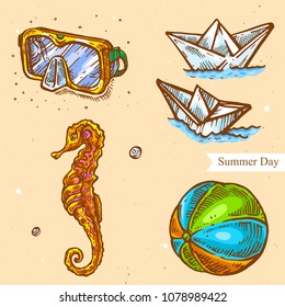 Vector linear illustration of seahorse, paper ships, ball, diving mask isolated on background with abstract texture. Hand drawn sketch. Image in vintage style for design.