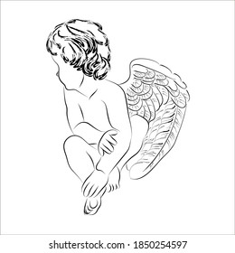 Lineare Vektorgrafik eines sitzenden Cupid. Einzelbild eines abgewandelten Engels mit Flügeln.