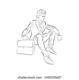 Vector linear illustration of a seated man with a briefcase. Figure sitting man.