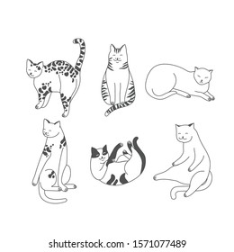 Vector linear illustration set of adorable cats in different poses sleeping, stretching itself, playing. Cats breeds