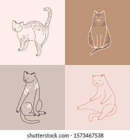 Vector linear illustration set of adorable cats in different poses sleeping, stretching itself, playing. Cats breeds