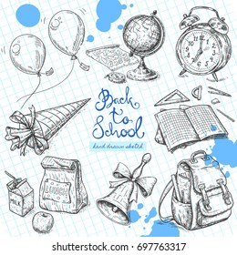 Vector linear illustration of the set with alarm clock, hand bell, school bag, school lunch, balloons, book, globe, map on the textured paper background. Hand drawn sketch of clock, food, candy cone.