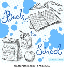 Vector linear illustration of set with exercise book, school lunch on the textured paper background. Hand drawn sketch of food, school supplies in vintage style with text Back To School and ink blots.