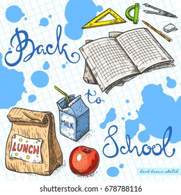 Vector linear illustration of set with exercise book, school lunch on textured paper background. Hand drawn color sketch of food, school supplies in vintage style with text Back To School,ink blots.