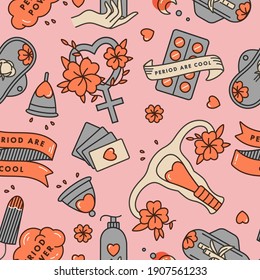 Conjunto de ilustraciones lineales vectoriales de productos de higiene femenina. Cero protección contra el desperdicio para las mujeres en días críticos. Patrón transparente