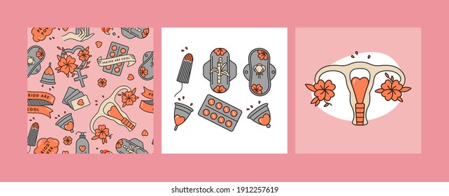 Vector linear illustration set of feminine hygiene products. Zero waste protection for woman in critical days. Menstrual period. Pills, pads, tampon and cups