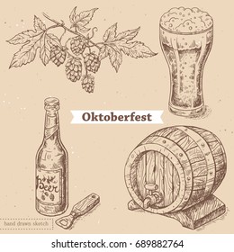 Vector linear illustration of set with glass of beer, bottle, hop, barrel of beer. Hand drawn sketch of oktoberfest objects, food. Image in vintage style with abstract paper background.
