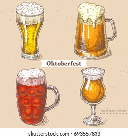 Vector linear illustration of set with glass of beer, oktoberfest beer. Hand drawn color sketch of oktoberfest objects, food. Image in vintage style with abstract paper background.