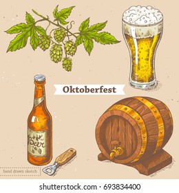 Vector linear illustration of set with glass of beer, bottle, hop, barrel of beer. Hand drawn color sketch of oktoberfest objects, food. Image in vintage style with abstract paper background.