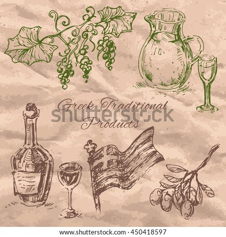 Vector linear illustration of the set of greek national products: grape, glass of wine, bottle, olive branch, greek flag. Hand drawn sketch on the textured paper background.