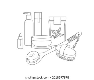 Vector linear illustration set wood dry brush for scrubbing body with coffee scrub, lotion and cosmetic cream. Beauty tool for daily body care