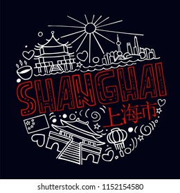 Vector linear illustration of Shanghai. Round pattern with the main symbols of Shanghai with isolated elements. Can be used as a sticker, print for t shirts, cards, articles. translation: Shanghai