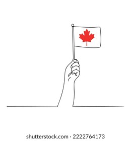 Vector linear illustration. A small flag of Canada in the hand. Minimalism. Patriotism.