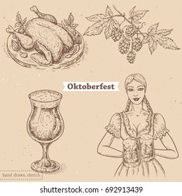 Vector linear illustration of smiling bavarian woman with glass of beer,hop branch on textured paper background. Hand drawn sketch in vintage style of set with beautiful  girl, hop, roasted chicken.