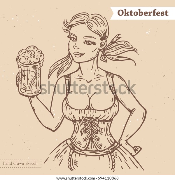 Vector Linear Illustration Smiling Bavarian Woman Stock Vector (Royalty ...