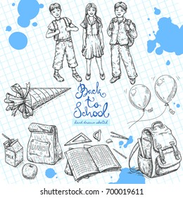 Vector linear illustration of smiling school kids, school bag, candy cone, lunch on textured paper background. Hand drawn color sketch of happy school boy, girl, handwritten text Back to School.