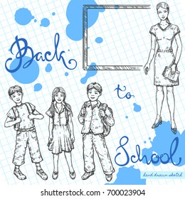 Vector linear illustration of smiling school kids with bags, school teacher on textured paper background. Hand drawn sketch of happy boy, girl, woman with schoolboard, handwritten text Back to School.