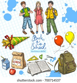 Vector linear illustration of smiling school kids, school bag, candy cone, lunch on textured paper background. Hand drawn color sketch of happy children, boy, girl, handwritten text Back to School.