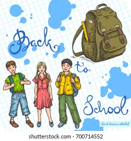 Vector linear illustration of smiling school kids, school bag on textured paper background. Hand drawn color sketch of happy school children, boy, girl, handwritten text Back to School.