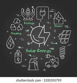 Vector linear illustration of solar energy as alternative source. Several outline eco icons around. Web banner for ecology, innovations types of energy on black chalk board background