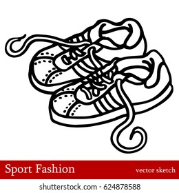 Vector linear illustration of the sport shoes with text Sport Fashion isolated on the white background. Hand drawn sketch of the footwear.