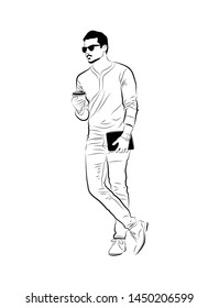 
Vector linear illustration of a standing man with coffee. Sketch of a standing man.