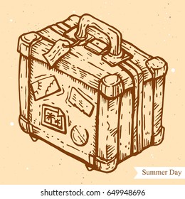 Vector linear illustration of suitcase with stickers isolated on paper background with abstract texture. Hand drawn sketch in retro style of suitcase for trips. Image in vintage style for design.