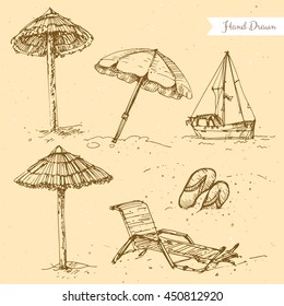 Vector linear illustration of the summer beach set on the textured paper background. Hand drawn sketch of the boat, flip flop, recliner, lounge, sun umbrella, ship, sandals.