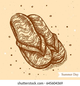Vector linear illustration of the summer beach shoes isolated on paper background with abstract texture. Hand drawn sketch in retro style of flip flops. Image in vintage style for design.