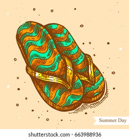 Vector linear illustration of the summer beach shoes isolated on paper background with abstract texture. Hand drawn color sketch in retro style of flip flops. Image in vintage style for design.