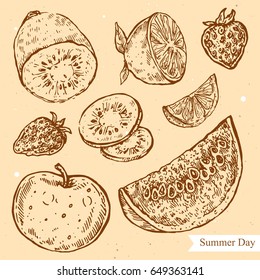 Vector linear illustration of summer fruits isolated on paper background with abstract texture. Hand drawn sketch in retro style of tasty fruits. Image in vintage style for design.