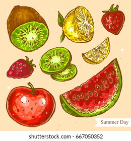Vector linear illustration of summer fruits isolated on paper background with abstract texture. Hand drawn color sketch in retro style of summer food. Image in vintage style for design.