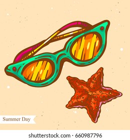 Vector linear illustration of summer glasses with starfish isolated on paper background with abstract texture. Hand drawn color sketch in retro style of eyeglasses. Image in vintage style for design.