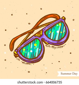 Vector linear illustration of the summer glasses on the beach isolated on paper background with abstract texture.Hand drawn color sketch in retro style of eyeglasses. Image in vintage style for design
