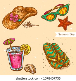 Vector linear illustration of summer hat with flower, eyeglasses, glass with cocktail, summer footwear isolated on background with abstract texture. Hand drawn sketch.Image in vintage style for design