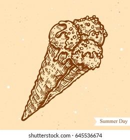 Vector linear illustration of the summer ice-cream isolated on paper background with abstract texture. Hand drawn sketch in retro style  of ice-cream in a horn. Image in vintage style for design.