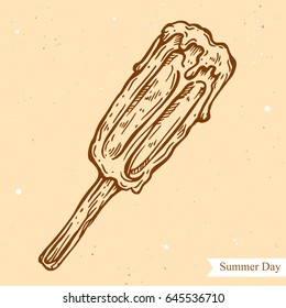 Vector linear illustration of the summer ice-cream isolated on paper background with abstract texture. Hand drawn sketch in retro style of eskimo pie. Image in vintage style for design.