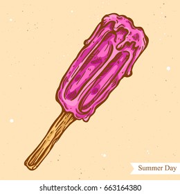 Vector linear illustration of the summer ice-cream isolated on paper background with abstract texture. Hand drawn color sketch in retro style of ice cream. Image in vintage style for design.