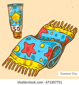Vector linear illustration of summer towel isolated on paper background with abstract texture. Hand drawn color sketch in retro style of sunscreen lotion,towel on beach. Image in vintage style.