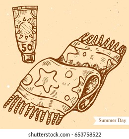 Vector linear illustration of summer towel,sunscreen isolated on paper background with abstract texture. Hand drawn sketch in retro style of sunscreen lotion. Image in vintage style for design.