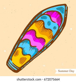 Vector linear illustration of surfboard isolated on paper background with abstract texture. Hand drawn color sketch in retro style of surfboard on the seaside. Image in vintage style for design.