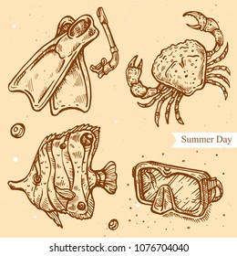 Vector linear illustration of swimming fins, snorkel, diving equipment, diving mask, fish, crab isolated on paper background with abstract texture. Hand drawn sketch in vintage style for design.