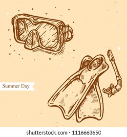 Vector linear illustration of swimming fins, snorkel, diving equipment, diving mask  isolated on paper background with abstract texture. Hand drawn sketch in vintage style for design.