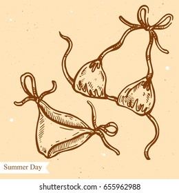 Vector linear illustration of swimsuit isolated on paper background with abstract texture. Hand drawn sketch in retro style of summer bikini on the beach. Image in vintage style for design.