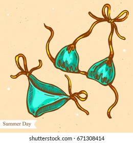 Vector linear illustration of swimsuit isolated on paper background with abstract texture. Hand drawn color sketch in retro style of summer bikini on the beach. Image in vintage style for design.