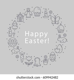 Vector linear illustration with symbols of the Easter holiday. Rabbit, Bible, Easter cake, Eggs. The elements are arranged in the form of a round frame.