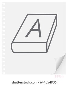 Vector linear illustration of a textbook on a sheet of paper with a curved corner and holes from springs, a school line icon.