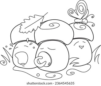 Vector linear illustration of three baby mushrooms. Vector cartoon characters