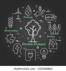 Vector linear illustration of tree in city as alternative energy source. Several outline eco icons around. Web concept of green safe future - ecology, innovations types of energy on black chalk board