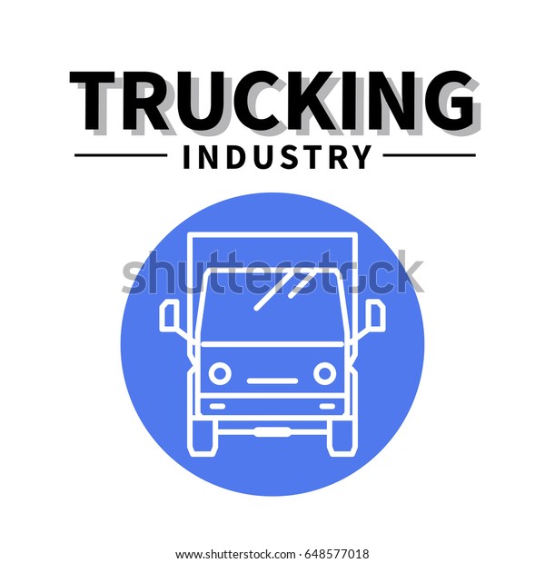 Vector linear illustration of truck,\
isolated on blue background. Flat style. White strokes. Front view.\
Good for advertisement, banners, posters and\
cards.